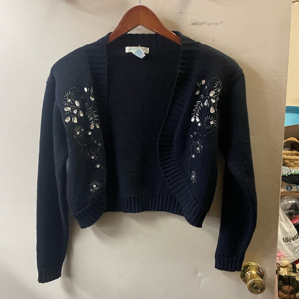 Jamie Scott vintage, size small, shrug with beaded pattern & shoulder pads